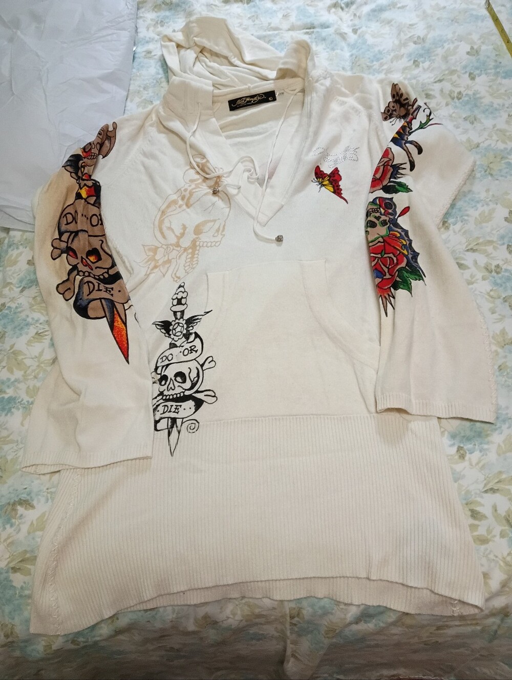 Vintage Ed Hardy Christian Audigier Longline Knit Tunic Hoodie Sweater Y2K EUC L